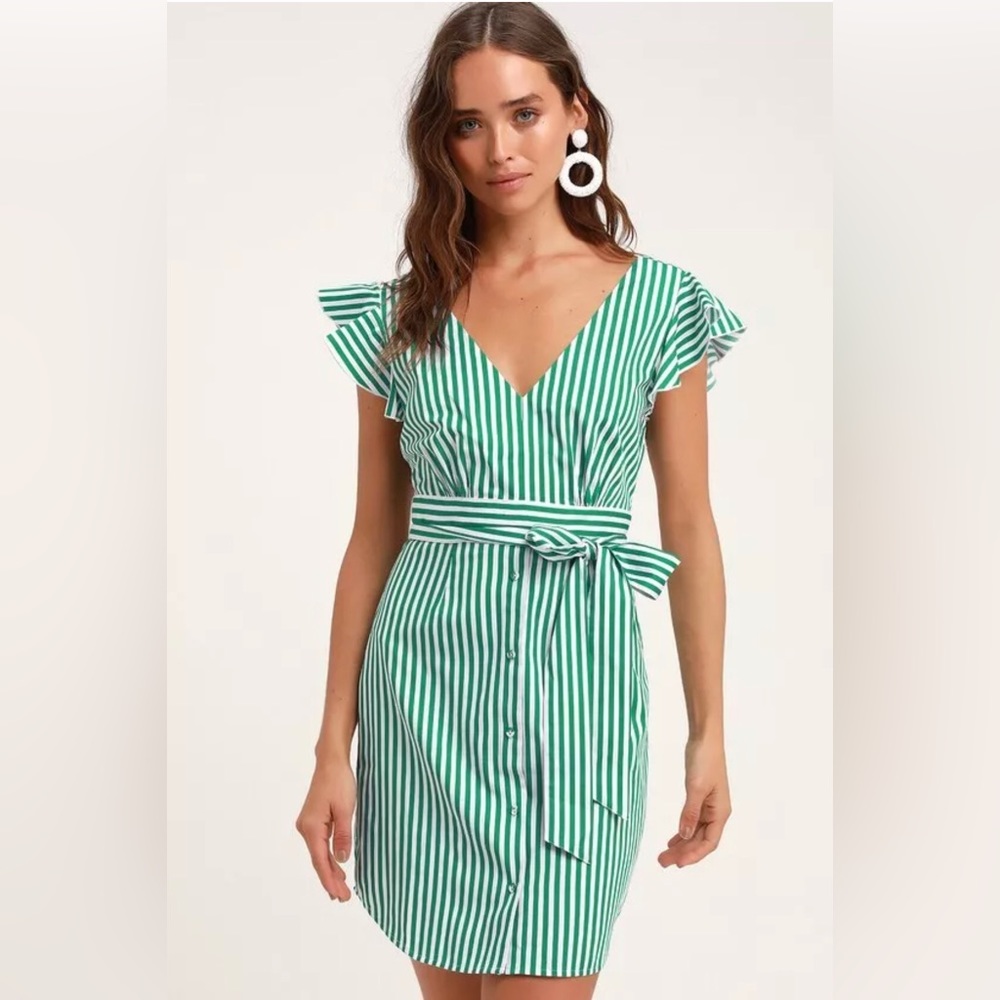BB Dakota Green/White Striped Shirt Dress